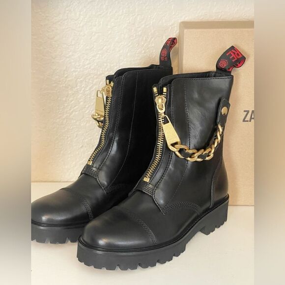 Zadig & Voltaire Joe Cecilia leather combat moto boots with gold chain New - Picture 14 of 16